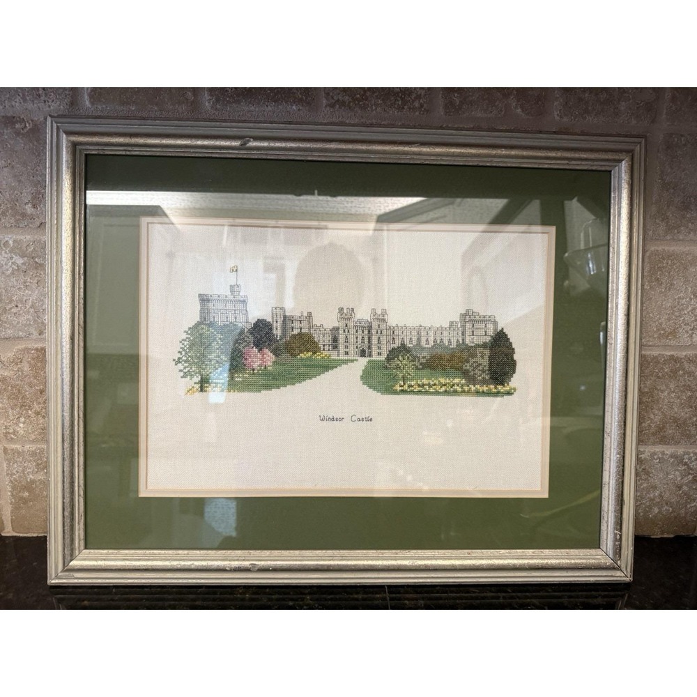 Vintage Framed Cross Stitch‎ Windsor Castle 16x21 Wall Art UK Cottagecore